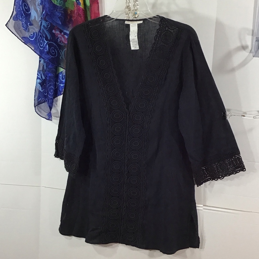 La Blanca Black open Crochet-Trim V-Neck Tunic swim coverup M